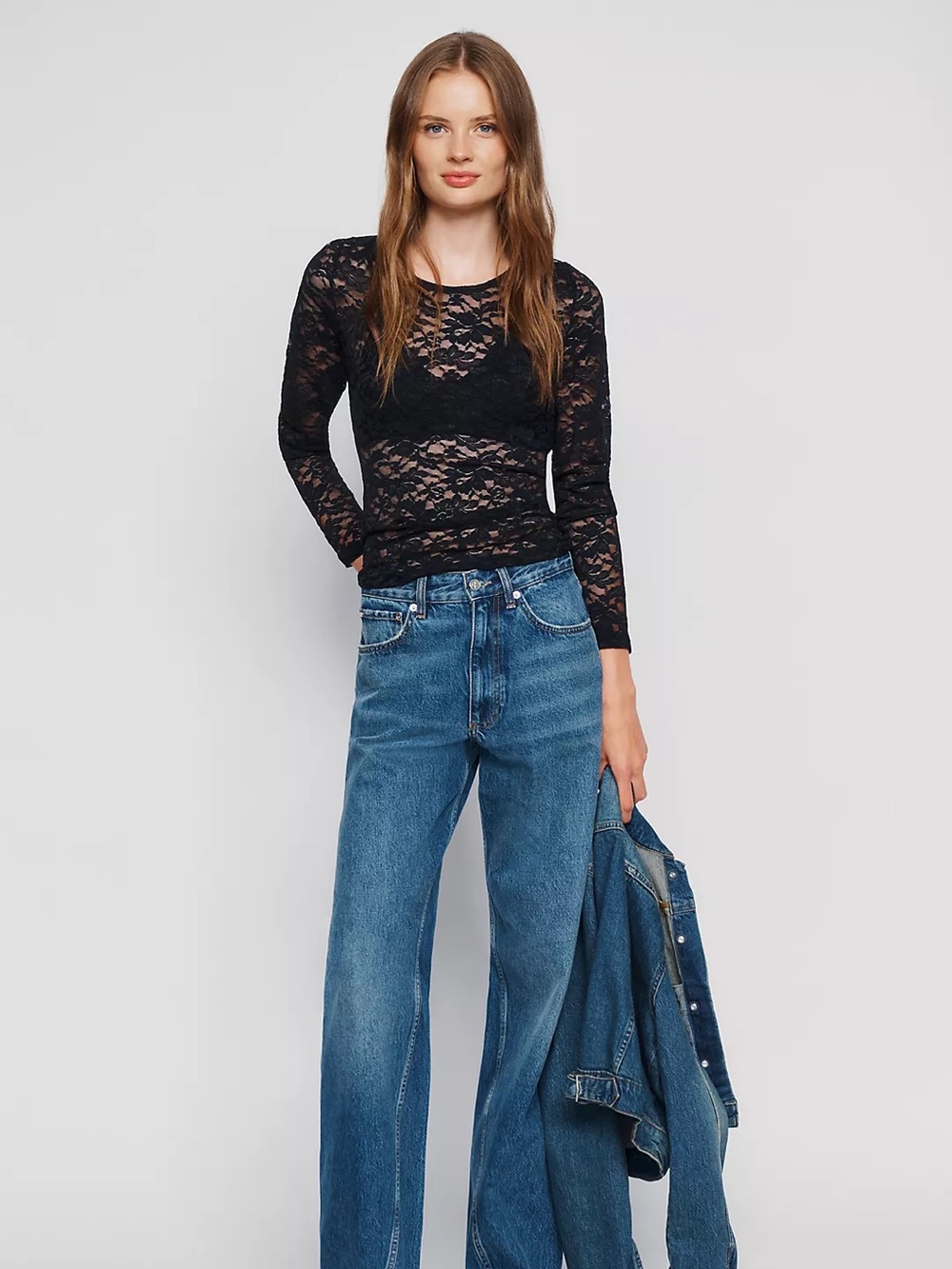Black Floral Lace Long-Sleeve Top